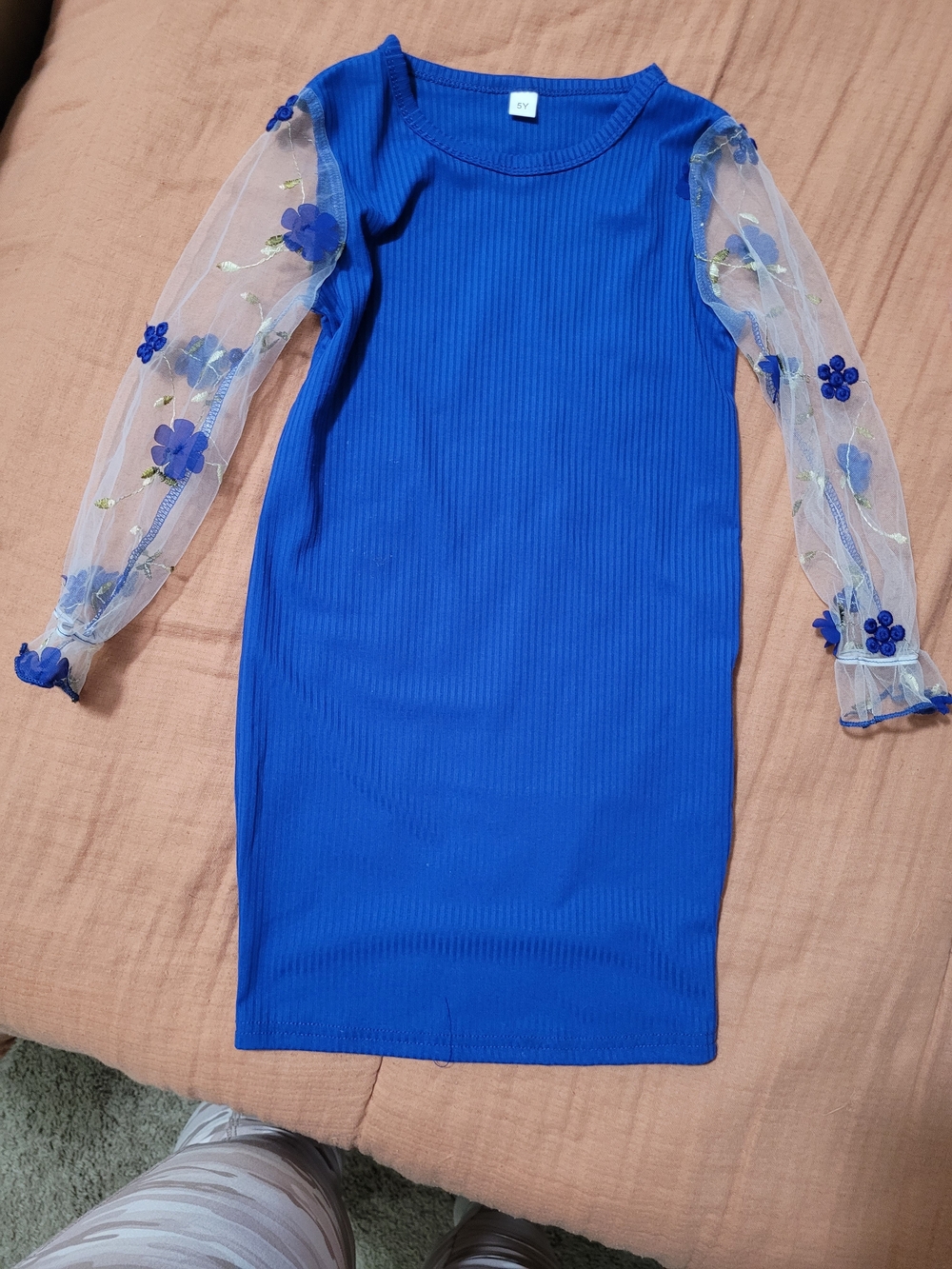 Royal Blue Ribbed Dress with Sheer Floral Sleeves